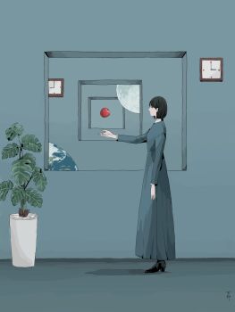 1girl analog_clock apple arm_at_side black_hair black_shoes block_heels chinese_commentary clock commentary_request dress earth_(planet) expressionless food from_side fruit full_body gghost0627 grey_dress grey_theme hand_up highres indoors long_dress long_sleeves moon original planet plant potted_plant shoes short_hair solo surreal window