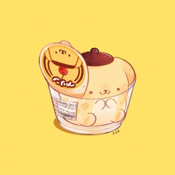 :3 animal_focus beret chibi chibi_only commentary cup dog hat in_container in_cup no_humans pompompurin sanrio signature sitting solid_circle_eyes solo symbol-only_commentary tenmiyakiyo yellow_background yellow_theme