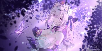 1girl bare_shoulders breasts bug butterfly caisena castorice_(honkai:_star_rail) chinese_commentary commentary_request dress elbow_gloves flower flower_ornament gloves hair_flower hair_ornament highres honkai:_star_rail honkai_(series) insect large_breasts long_hair looking_at_viewer pointy_ears purple_butterfly purple_eyes purple_flower purple_gloves purple_hair smile solo upper_body white_dress