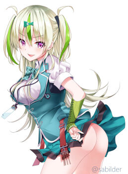 1girl :d aqua_bow aqua_bowtie aqua_skirt aqua_vest arm_warmers ass blush bow bowtie breasts clothes_lift commentary_request commission cowboy_shot dutch_angle eyes_visible_through_hair fish_hair_ornament flipped_hair from_side green_arm_warmers green_hair green_streaks hair_between_eyes hair_ornament hand_on_own_hip heaven_burns_red highres long_hair looking_at_viewer medium_breasts miniskirt multicolored_hair naughty_face no_panties ooshima_isuzu open_mouth pink_eyes plaid_bow plaid_bowtie plaid_clothes pleated_skirt puffy_short_sleeves puffy_sleeves sabi_(sabilder) shirt short_sleeves simple_background skeb_commission skirt skirt_lift smile solo streaked_hair twitter_username two_side_up v-shaped_eyebrows very_long_hair vest white_background white_shirt wind wind_lift