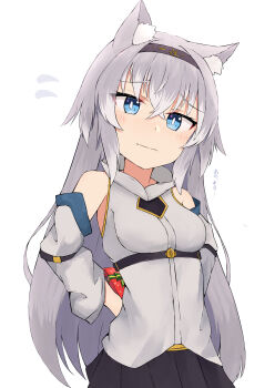 1girl absurdres animal_ear_fluff animal_ears arm_behind_back bare_shoulders black_hairband black_skirt blue_eyes blush breasts closed_mouth commentary_request flying_sweatdrops gift grey_hair grey_jacket grey_sleeves hair_between_eyes hairband highres holding holding_gift jacket long_hair long_sleeves medium_breasts multicolored_hair nyaha original pleated_skirt puffy_long_sleeves puffy_sleeves simple_background skirt sleeveless sleeveless_jacket solo streaked_hair translation_request very_long_hair white_background white_hair