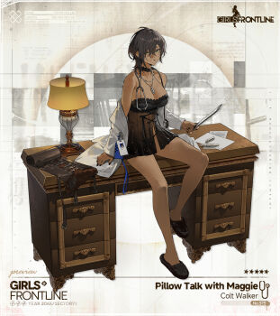 1girl babydoll bahao_diqiu black_choker black_hair black_nails black_panties black_ribbon breasts choker clipboard colt_walker_(girls'_frontline) colt_walker_(pillow_talk_with_maggie)_(girls'_frontline) dark-skinned_female dark_skin desk drawer earrings eyebrows_hidden_by_hair girls'_frontline green_eyes grin highres holding holding_clipboard id_card jewelry lab_coat lace lace_choker lace_trim lamp lanyard large_breasts looking_at_viewer medium_hair messy_hair necklace necklace_between_breasts official_alternate_costume official_art on_desk panties paper pen ribbon sitting slippers smile stethoscope stud_earrings sweat tools tsurime underwear wooden_desk
