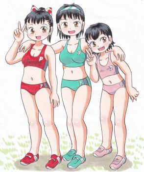 3girls :3 absurdres arm_around_shoulder black_hair blush bow breasts brown_eyes buruma cleavage collarbone fang flat_chest food_print fruit_print grass green_buruma green_shoes green_sports_bra hair_bow hairband highres loli long_hair looking_at_viewer marup medium_breasts multiple_girls navel open_mouth orange_print original pink_buruma pink_shoes pink_sports_bra ponytail print_bow red_buruma red_shoes red_sports_bra rin-senpai_(marup) saki-chan_(marup) shoes short_hair small_breasts smile sneakers sports_bikini sports_bra standing sumomo_(marup) track_and_field traditional_media v white_background white_bow
