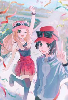 Rule 34 | 1boy, 1girl, :d, arm up, black hair, blue jacket, blurry, bracelet, calem (pokemon), collared shirt, commentary, confetti, day, depth of field, eyewear on headwear, happy, hat, jacket, jewelry, leg up, long sleeves, nintendo, open mouth, outdoors, pink hat, pleated skirt, pokemon, pokemon xy, red hat, red skirt, serena (pokemon), shirt, shoes, skirt, sleeveless, sleeveless shirt, smile, standing, sunglasses, thighhighs, tyou08665851