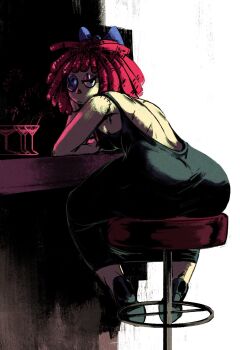 1girl ass bar_(place) bar_stool black_dress blue_bow bow button_eyes buttons cocktail_glass commentary cup dress drinking_glass hair_bow highres looking_at_viewer looking_back on_stool ragatha_(the_amazing_digital_circus) red_hair redblacktac ringlets shirt sitting sleeveless sleeveless_shirt solo stitched_arm stitches stool the_amazing_digital_circus