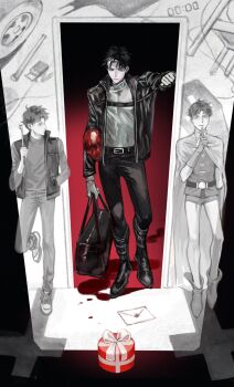 batman_(series) black_bodysuit black_hair blue_eyes bodysuit cape dc_comics domino_mask eye_mask gloves grey_bodysuit highres jacket jason_todd male_focus mask multicolored_hair multiple_boys multiple_persona muscular muscular_male open_clothes pants red_hood_(dc) red_mask robin_(dc) shaokaotanzhu short_hair superhero_costume taut_bodysuit yellow_cape