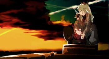 Rule 34 | 2girls, anchovy (girls und panzer), anzio military uniform, black jacket, black ribbon, black shirt, breasts, brown eyes, brown hair, commentary request, cup, drill hair, eyes visible through hair, girls und panzer, green hair, grey jacket, hair between eyes, hair ribbon, hand on another's shoulder, highres, holding, holding cup, jacket, kuromorimine military uniform, large breasts, long sleeves, medium breasts, military, military jacket, military uniform, military vehicle, mizutamari mari, motor vehicle, mug, multiple girls, nishizumi maho, on tank, open hatch, red eyes, red shirt, ribbon, shirt, smile, sunset, tank, tiger i, twin drills, twintails