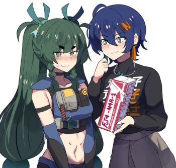 +_+ 2girls @_@ absurdres ahoge android belle_(zenless_zone_zero) black_choker black_shirt blue_hair blush box braid braided_sidelocks choker closed_mouth clothes_writing commentary covered_collarbone earrings english_commentary green_eyes green_hair grey_skirt hair_between_eyes highres hinghoi holding holding_box implied_yuri jewelry looking_at_another midriff multiple_girls navel patreon_username police police_uniform policewoman qingyi_(zenless_zone_zero) shirt side_braids simple_background skirt sweatdrop twintails white_background zenless_zone_zero