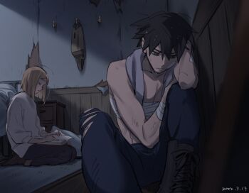 2boys against_wall ahoge ainsley_(adey) bandages bedroom black_boots black_eyes black_pants blonde_hair bob_cut boots brown_boots closed_eyes commentary_request heterochromia knees_up male_focus multiple_boys nightstand original pants ray_(adey) reading revision seiza shirt short_hair sitting ten_(lu2948d) topless_male torn_clothes torn_pants towel towel_around_neck trap wet white_shirt wispy_bangs