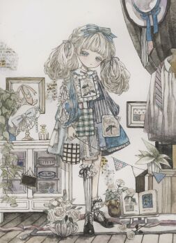 1girl acrylic_paint_(medium) asymmetrical_legwear black_shoes blue_dress blue_eyes blunt_bangs blush book bouquet bow cabinet closed_mouth collar dress expressionless flower frilled_collar frills full_body hair_bow hair_ribbon half-closed_eyes highres holding holding_string_of_flags indoors karintoun long_sleeves looking_at_viewer medium_hair original painting_(medium) pale_skin patchwork_clothes picture_frame plant pothos_(plant) potted_plant ribbon rose shoes signature skirt solo standing traditional_media twintails vase watercolor_(medium) white_flower white_rose wooden_floor