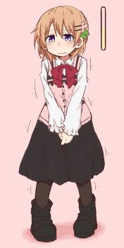 Rule 34 | 1girl, between legs, black boots, black pantyhose, black skirt, blush, boots, bow, bowtie, closed mouth, embarrassed, female focus, flower, full body, gochuumon wa usagi desu ka?, hair flower, hair ornament, hairclip, hand between legs, have to pee, highres, hoto cocoa, long sleeves, nose blush, orange hair, own hands together, pantyhose, pigeon-toed, pink background, pink flower, pink vest, ponnu (tnpn2yw), purple eyes, red bow, red bowtie, school uniform, shirt, short hair, simple background, skirt, solo, standing, tears, trembling, urine meter, v arms, vest, wavy mouth, white shirt