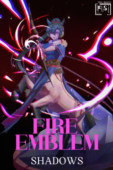1girl absurdres aiming aiming_at_viewer animal_ears artist_logo aura blue_dress bow_(weapon) breasts centaur colored_skin commentary copyright_name dark_aura dark_persona dress ear_covers fingerless_gloves fire_emblem fire_emblem:_the_blazing_blade fire_emblem_heroes fire_emblem_shadows full_body fur-trimmed_dress fur_trim gloves green_hair grey_skin hair_between_eyes hairband high_ponytail highres holding holding_bow_(weapon) holding_weapon horse_ears horse_tail irisli0224 logo long_hair lyn_(fire_emblem) lyn_(plains_wind)_(fire_emblem) medium_breasts monster_girl monsterification multiple_legs nintendo open_mouth ponytail purple_eyes quiver rearing red_hairband short_sleeves sidelocks solo standing tail tassel taur twitter_username very_long_hair weapon