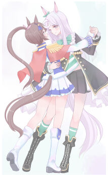 2girls absurdres animal_ears aqua_bow aqua_bowtie aqua_socks arm_around_waist black_jacket black_skirt blue_eyes boots bow bowtie brown_hair cape coat dip_(dance_move) ear_bow ear_ribbon epaulettes face-to-face frilled_coat frilled_jacket frills gloves green_bow green_bowtie green_socks highres holding_hands horse_ears horse_girl horse_tail hug jacket long_hair long_sleeves looking_at_another mejiro_mcqueen_(frontline_elegance)_(umamusume) mejiro_mcqueen_(umamusume) multicolored_hair multicolored_jacket multiple_girls nguyen_tam_lee pleated_skirt ponytail purple_eyes purple_hair red_cape simple_background single_epaulette skirt smile socks streaked_hair tail tokai_teio_(peak_joy)_(umamusume) tokai_teio_(umamusume) two-tone_jacket two-tone_skirt umamusume white_background white_boots white_gloves white_hair white_jacket white_skirt yuri