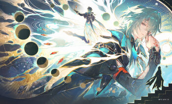 1boy absurdres anaxa_(honkai:_star_rail) aqua_hair chain closed_mouth crossed_bangs eyepatch gem gloves hair_between_eyes hair_intakes hand_jewel hand_tattoo highres honkai:_star_rail honkai_(series) jewelry long_hair long_sleeves looking_at_viewer male_focus moon_phases multiple_rings multiple_views red_eyes red_gemstone renjian_shilian ring sidelocks single_glove stairs tattoo walking