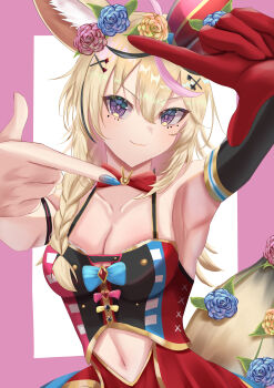 1girl absurdres animal_ear_fluff animal_ears armpits black_streaks blue_nails breasts choker cleavage closed_mouth clothing_cutout commentary_request erimakie20 flower fox_ears fox_girl fox_tail gloves hair_flower hair_ornament heart heart-shaped_pupils highres hololive large_breasts multicolored_hair navel navel_cutout omaru_polka omaru_polka_(1st_costume) pink_streaks purple_eyes red_choker red_gloves single_glove smile solo streaked_hair symbol-shaped_pupils tail virtual_youtuber x_hair_ornament
