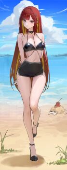 1girl absurdres akane_lize arm_at_side arm_behind_back beach bikini bikini_top_only black_bikini black_shoes black_shorts blue_sky breasts closed_mouth cloud commentary_request day expressionless full_body grey_eyes hair_ornament hairclip hand_on_own_arm high_heels highres korean_commentary leg_up lizchief looking_at_viewer micro_shorts navel ocean outdoors parallel_hairclips parted_bangs pienna_(akane_lize) pumps red_hair shoes shorts sky solo standing standing_on_one_leg stellive stomach swimsuit thigh_strap virtual_youtuber