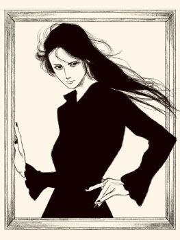 1girl black_hair black_nails black_outline greyscale long_sleeves looking_at_viewer monochrome original outline picture_frame solo tp_p_pt upper_body white_background