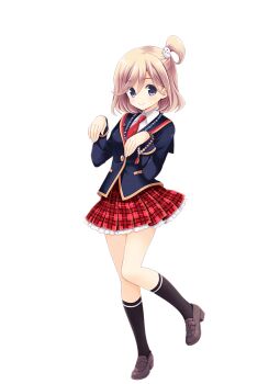 1girl black_socks blonde_hair blue_eyes bracelet brown_shoes full_body ghost_hair_ornament girlfriend_(kari) hair_between_eyes jacket jewelry kneehighs knees loafers looking_at_viewer miniskirt mishima_yurara necklace necktie official_art outstretched_arms plaid_clothes plaid_skirt pleated_skirt qp:flapper red_necktie red_skirt school_uniform shirt shoes short_hair simple_background skirt smile socks solo standing thighs transparent_background white_background white_shirt zombie_pose