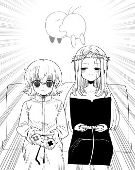 2girls blush borksen_(hunter_x_hunter) closed_mouth controller dress ear_piercing emphasis_lines game_controller head_wreath highres holding holding_controller holding_game_controller hunter_x_hunter jacket kirby kirby_(series) kudach_i long_hair monochrome morena_prudo multiple_girls nintendo off-shoulder_dress off_shoulder piercing playing_games scar scar_across_eye scar_on_face sitting smile waddle_doo wide-eyed