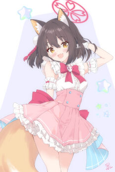 1girl :d adjusting_hair alternate_costume animal_ear_fluff animal_ears arm_behind_back back_bow bare_shoulders blue_archive blush bow bowtie brown_hair center_frills commentary cowboy_shot eyeshadow fang fox_ears fox_girl fox_tail frilled_arm_strap frilled_shirt frilled_skirt frills gloves hair_between_eyes hair_ornament hand_in_own_hair hand_up happy high-waist_skirt highres huge_bow izuna_(blue_archive) looking_at_viewer magical_girl makeup medium_hair one_side_up open_mouth pink_skirt pleated_skirt pom_pom_(clothes) pom_pom_hair_ornament purple_background red_bow red_bowtie red_eyeshadow s_sequentia shirt signature simple_background skin_fang skirt sleeveless sleeveless_shirt smile solo star_(symbol) straight_hair tail white_gloves white_shirt yellow_eyes