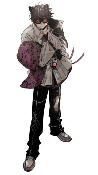 Rule 34 | 1boy, animal ears, antenna hair, belt, belt pouch, black belt, black choker, black gloves, black hair, black pants, black shirt, buttons, cat ears, choker, closed mouth, collared shirt, commentary request, fake animal ears, fang, fang out, fu (fujidou 2434), gloves, goggles, grey jacket, grey shoes, hand up, highres, holding, holding knife, jacket, knife, long sleeves, looking at viewer, male focus, nijisanji, open clothes, open jacket, pants, pouch, print shirt, puffy long sleeves, puffy sleeves, purple shirt, saiki ittetsu, saiki ittetsu (1st costume), serious, shirt, shoes, short hair, simple background, sleeves past wrists, solo, standing, torn clothes, torn pants, two-tone shirt, undershirt, virtual youtuber, white background, white shirt