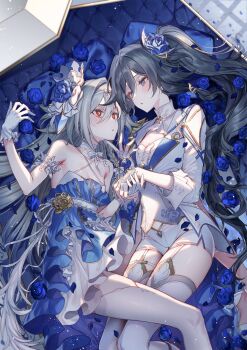 2girls alternate_color arm_garter armpit_crease ascot bare_shoulders between_legs black_hair blazer blue_dress blue_eyes blue_flower blue_nails blue_rose blue_theme bow bow_hairband braid breasts bright_pupils buttons center_frills choker coffin colored_lapels commentary_request couple cowboy_shot criss-cross_halter cross cross_brooch cross_print crown double-breasted double-parted_bangs dress earrings empire_waist expressionless eye_contact fingerless_gloves fingernails floral_print flower frills fu_hua fu_hua_(blood_voivode) fu_hua_(shadow_knight) garter_straps gloves grey_hair hair_between_eyes hair_bow hair_flaps hair_flower hair_intakes hair_ornament hairband half_gloves halterneck hand_on_another&#039;s_chin herrscher_of_sentience herrscher_of_sentience_(turn_up_the_music!) high_heel_sandals highres holding_hands honkai_(series) honkai_impact_3rd hoop_earrings in_container jacket jewelry lace lace_choker lapels latin_cross layered_dress legs_together light_blush light_particles long_hair looking_at_another lying mandarin_collar midriff_peek mini_crown multiple_girls nail_polish notched_lapels on_side ouji_fashion parted_lips petals pillow pointed_crown print_dress print_jacket print_sleeves prototype_design red_eyes ribbon ribbon_choker rose rose_petals rose_print sandals shade short_dress short_shorts shorts side_braid side_ponytail side_slit sidelocks single_bare_leg single_thighhigh sleeveless sleeveless_dress small_breasts strappy_heels takakura_aki thighhighs thighs thorns three-quarter_sleeves turtleneck unmoving_pattern variant_set very_long_hair white_ascot white_bow white_choker white_crown white_dress white_gloves white_hairband white_jacket white_pupils white_ribbon white_sandals white_shorts white_thighhighs yuri zettai_ryouiki