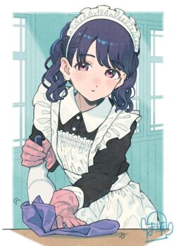 1girl apron black_dress black_hair blue_hair blush cleaning cleaning_rag closed_mouth dress fukumaru_koito gloves highres idolmaster idolmaster_shiny_colors indoors long_sleeves looking_at_viewer maid maid_apron maid_headdress paayan_(hagakinorock54) pink_gloves purple_eyes red_eyes short_hair solo twintails white_apron