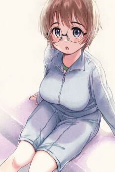 1girl blue_eyes blush breasts glasses grey_jacket grey_shorts gym_uniform highres jacket jersey large_breasts long_sleeves looking_at_viewer ooshiro_youkou original short_hair shorts simple_background sitting sleeves_past_wrists track_jacket twitter_username white_background zipper