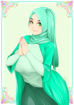 Rule 34 | aqua hijab, breasts, dress, green eyes, green skirt, green sweater, highres, hijab, large breasts, looking at viewer, nail polish, nigaw, original, own hands together, skirt, smile, solo, sweater