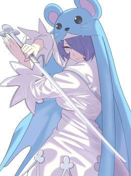 Rule 34 | 1girl, absurdres, blue eyes, blue hair, cowboy shot, digimon, digimon (creature), dress, hair over one eye, highres, holding, holding sword, holding weapon, katana, nail polish, nun, simple background, sistermon ciel, solo, sword, taira (tairamon), weapon, white background, white dress