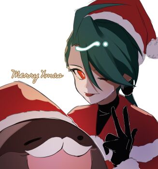 1girl 54fpdbbrwu11281 ahoge androgynous asymmetrical_bangs black_gloves bright_pupils capelet clodsire commentary_request ear_piercing earrings fur-trimmed_capelet fur_trim gloves green_hair hat highres jewelry long_hair nintendo one_eye_closed piercing pokemon pokemon_sv ponytail red_capelet red_eyes reverse_trap rika_(pokemon) santa_costume santa_hat smile suspenders tongue tongue_out triangle_earrings white_pupils