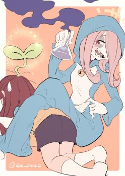 2girls border brown_hair facing_away hair_strand hood hood_up kagari_atsuko legs_on_another's_back little_witch_academia multiple_girls onesie open_mouth orange_background outside_border plant potion sharp_teeth smile smoke sucy_manbavaran sweatdrop tama_(tm_suac) teeth