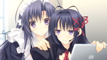 1boy 1girl antenna_hair blush breasts brother_and_sister cleavage computer dress earpiece game_cg hair_intakes hair_ornament hair_ribbon hairclip kokura_asahi laptop long_hair maid maid_headdress medium_breasts necktie notebook ookura_risona otome_riron_to_sono_shuuhen:_ecole_de_paris parted_lips puffy_sleeves purple_eyes purple_hair ribbon siblings sisters suzuhira_hiro trap tsuki_ni_yorisou_otome_no_sahou