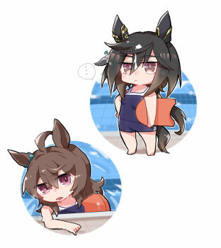 ... 2girls ahoge animal_ears bare_arms bare_shoulders barefoot beer_hsk black_hair blue_one-piece_swimsuit brown_eyes brown_hair carrying carrying_under_arm chibi commentary_request hair_between_eyes highres horse_ears horse_girl horse_tail kickboard long_hair low_ponytail multicolored_hair multiple_girls nakayama_festa_(umamusume) one-piece_swimsuit ponytail pool purple_eyes spoken_ellipsis standing stay_gold_(umamusume) streaked_hair swimsuit tail umamusume very_long_hair water white_background white_hair