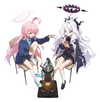 2girls absurdres ahoge black_jacket black_shirt black_skirt blue_archive blue_jacket blue_necktie blue_slippers chair collared_shirt commentary eating english_commentary food grey_sweater halo heater high-waist_skirt highres hina_(blue_archive) hoshino_(blue_archive) huge_ahoge instant_cup_noodles jacket jacket_on_shoulders kettle korean_commentary long_hair mixed-language_commentary multilingual_commentary multiple_girls necktie on_chair pink_hair pink_halo pleated_skirt purple_eyes red_necktie school_uniform shirt simple_background single_slipper sitting skirt slippers socks sweater u.rang unworn_slippers white_background white_hair white_shirt white_socks yellow_eyes