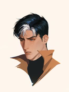 batman_(series) black_bodysuit black_hair blue_eyes bodysuit brown_jacket dc_comics highres ichinoseguki jacket jason_todd male_focus multicolored_bodysuit muscular muscular_male open_clothes red_hood_(dc) red_hood_and_the_outlaws short_hair superhero_costume taut_bodysuit two-tone_bodysuit