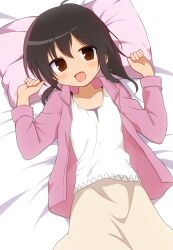 Rule 34 | 1girl, :d, ahoge, black hair, blush, brown eyes, brown skirt, character request, collarbone, commentary, copyright request, cowboy shot, curakuru, from above, hair down, head on pillow, highres, jacket, looking at viewer, on bed, open clothes, open jacket, open mouth, pink jacket, shirt, skirt, smile, solo, white shirt