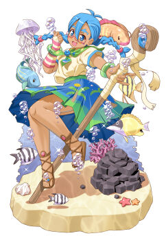 1girl 2000s_(style) :d absurdres air_bubble anime_coloring antenna_hair artist_name blue_eyes blue_hair blue_skirt borrowed_character bracelet braid bridal_gauntlets brown_sandals bubble commentary_request commission commissioner_upload dark-skinned_female dark_skin faux_retro_artstyle fish floating_hair full_body glasses green_neckerchief hair_between_eyes hair_bobbles hair_ornament heart heart_sticker highres holding holding_staff jellyfish jewelry long_hair looking_at_viewer neckerchief non-web_source open_mouth original outstretched_arm pink-framed_eyewear pleated_skirt sandals semi-rimless_eyewear shirt short_sleeves simple_background single_bridal_gauntlet skeb_commission skirt smile solo staff star_(symbol) star_sticker sticker sticker_on_face thank_you thick_eyebrows toromi_(toromix2) twin_braids under-rim_eyewear white_background yellow_shirt
