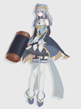 1girl bare_shoulders beatrice_(rune_factory) blue_eyes blush breasts bridal_gauntlets detached_sleeves dress grey_hair hammer highres holding holding_hammer long_hair looking_at_viewer princess rfo_2011 rune_factory rune_factory_5 short_dress small_breasts solo thighhighs tiara white_background white_thighhighs