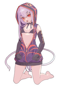 Rule 34 | 1girl, bare shoulders, barefoot, detached sleeves, fang, highres, hood, hoodie, kneeling, long hair, looking at viewer, navel, open mouth, purple hair, red eyes, saitou dousan (sengoku bushouki muramasa), sengoku bushouki muramasa, simple background, snake, solo, swimsuit, thighs, tsukasa takashi, white background