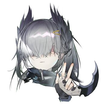 1girl absurdres arknights baimudafeiyu cropped_head expressionless feather_hair grey_hair hair_ornament hair_over_eyes high_ponytail highres holding holding_karambit holding_weapon karambit pink_eyes ponytail reserve_operator_specialist_(arknights) short_hair solo v weapon