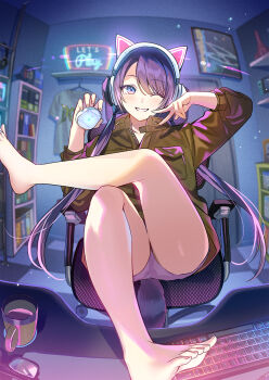 1girl ;d animal_ear_headphones animal_ears aori_aorare_shiteta_netoge_nakama_ga_hinkouhousei_na_bijin_senpai_datta_hanashi bare_legs barefoot book cat_ear_headphones cat_ears chair computer_keyboard cover cover_page crossed_legs cup fake_animal_ears feet_on_table fisheye gaming_chair glasses grin headphones highres holding_computer_mouse indoors jacket long_hair low_twintails novel_cover official_art one_eye_closed open_mouth purple_eyes purple_hair saegusa_chisako_(goribayashi) shelf shorts sitting smile solo swivel_chair tan_(tangent) twintails v