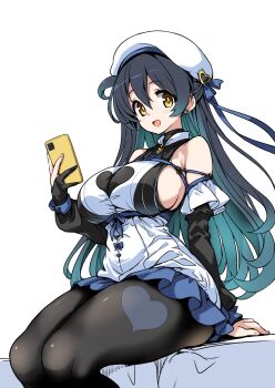 1girl breasts cellphone hat hirowa_nagi large_breasts original phone solo yellow_eyes