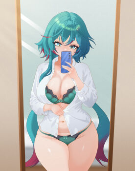 1girl amaya_whisper blush breasts cleavage colored_tips green_eyes green_hair groin highres holding holding_phone indie_virtual_youtuber large_breasts long_hair looking_at_viewer mirror_selfie multicolored_hair navel open_clothes open_shirt phone scribblequeen selfie shirt short_eyebrows solo stomach virtual_youtuber white_shirt