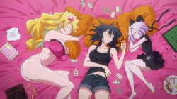 3girls anemone_(kizetsu_yuusha) animated anime_screenshot ass bed black_dress black_hair black_ribbon black_shirt blonde_hair bra breasts breathing card ciel_(kizetsu_yuusha) cleavage collarbone denim denim_shorts dress feet from_above goa_(kizetsu_yuusha) hair_ribbon highres huge_ass huge_breasts kizetsu_yuusha_to_ansatsu_hime large_breasts loli multiple_girls navel on_bed panties pink_bra pink_panties ribbon shirt shorts sleeping sleeveless sleeveless_shirt sound stomach thighs underwear underwear_only video white_hair