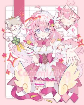 Rule 34 | 1girl, :d, ahoge, bare shoulders, biko0205, blue eyes, blush, border, clover, commentary, commission, corset, cropped legs, dress, four-leaf clover, frilled thigh strap, frilled wrist cuffs, frills, grid background, hair between eyes, hair intakes, highres, holding, holding clover, long hair, looking at viewer, open mouth, original, outside border, outstretched arm, pink border, pink corset, pink hair, short sleeves, sleeveless, sleeveless dress, smile, symbol-only commentary, thank you, thigh strap, watermark, white background, white dress, wrist cuffs