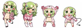 1girl :d animal_ears animal_hood arms_up barefoot bear_ears bear_hood bikini bikini_under_clothes black_footwear blush chibi closed_mouth commentary_request double_bun evolution fake_animal_ears flower green_bikini green_eyes green_hair groin hair_between_eyes hair_bun hair_flower hair_ornament hairclip holding holding_whip hood hood_down hooded_jacket jacket kanikama long_hair loose_socks morinaka_kazaki multiple_views navel nijisanji nose_blush off_shoulder open_clothes open_jacket open_mouth pink_jacket pink_legwear shoes simple_background smile socks striped_clothes striped_jacket striped_legwear striped_socks sweat swimsuit virtual_youtuber whip white_background white_flower white_legwear