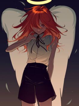 1boy angel_devil_(chainsaw_man) angel_wings black_ribbon black_shorts chainsaw_man collared_shirt commentary cosplay cowboy_shot crossdressing crossdressing_(mtf) english_commentary grenade_pin hair_over_one_eye halo highres long_hair looking_at_viewer mewmewti neck_ribbon red_hair reze_(chainsaw_man) reze_(chainsaw_man)_(cosplay) ribbon shirt shirt_tucked_in shorts sleeveless sleeveless_shirt twitter_username watermark wavy_hair white_shirt wings