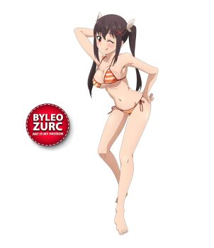 1girl barefoot black_hair blush bra breasts feet funifura kono_subarashii_sekai_ni_shukufuku_wo! leozurcxxx panties solo swimsuit underwear