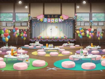 artist_request bag bag_of_chips balloon blue_sky bottle carpet ceiling_light chips_(food) cup day disposable_cup dojo drum food game_cg groceries grocery_bag halo heart heart_halo indoors instrument magia_record:_mahou_shoujo_madoka_magica_gaiden mahou_shoujo_madoka_magica microphone microphone_stand no_humans official_art paper_plate party plate potato_chips reflective_floor shopping_bag shouji sign sky sliding_doors soda soda_bottle stage star_(symbol) stool streamers table taiko_drum tape tree window wooden_floor